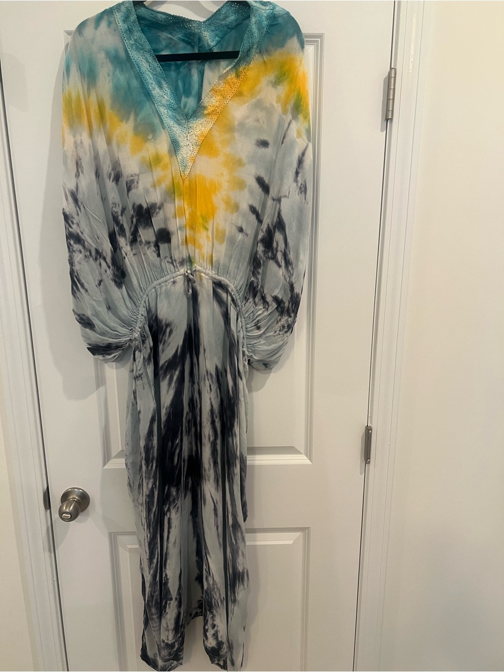 Tie-Dye V-Neck Maxi Dress in Teal, Yellow & Black